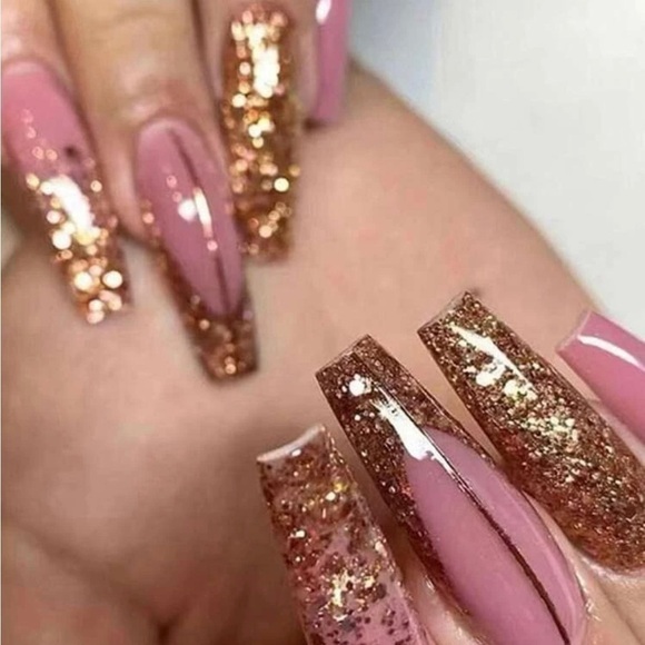 Pink Glitter Press On Gel Coffin Nails - Picture 4 of 12